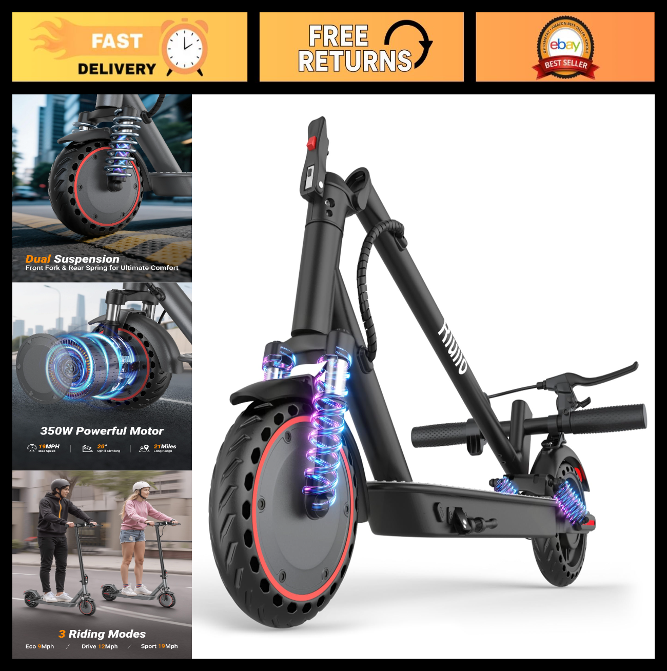 Powerful Electric Scooter 350W-500W, 9-22 MPH, 10-41 Mile Range, Dual Suspension0