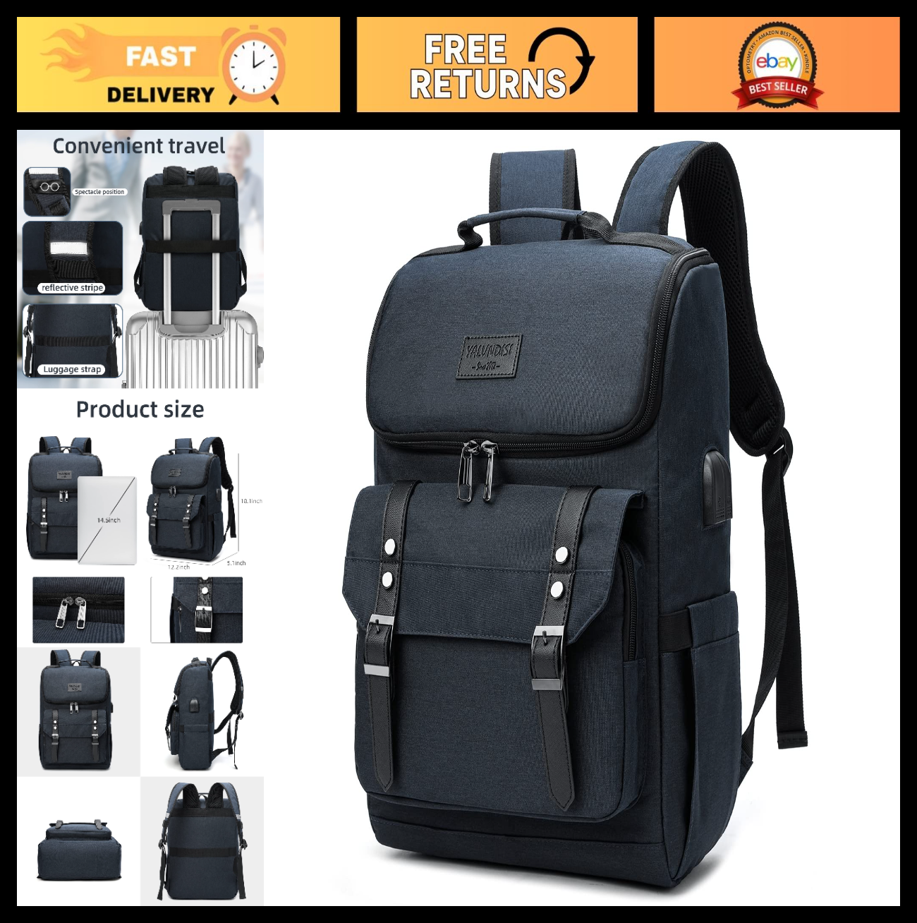 Vintage Travel Laptop Backpack with USB Charging Port - Fits 15.6" Laptop, Blue0