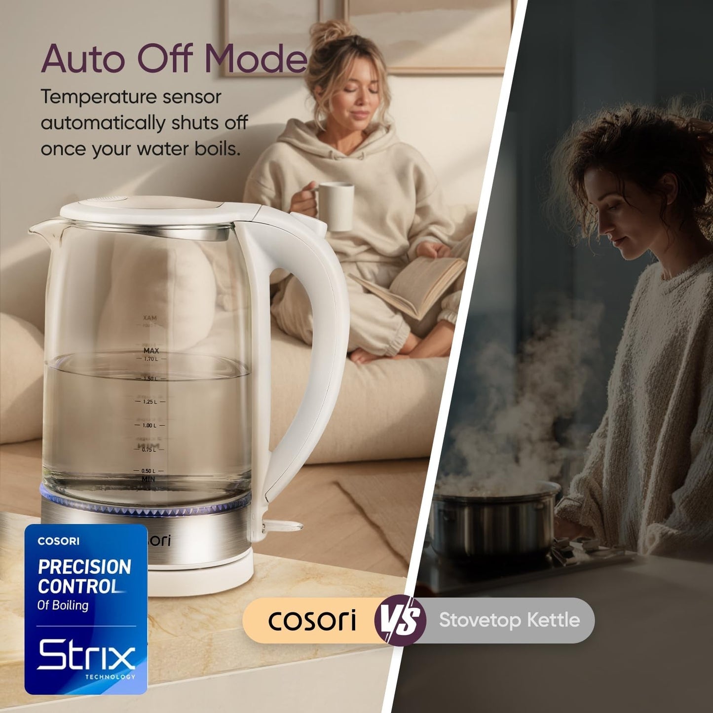 Electric Kettle 1.7L Borosilicate Glass, No Plastic Contact, Auto Shut Off, Easy6