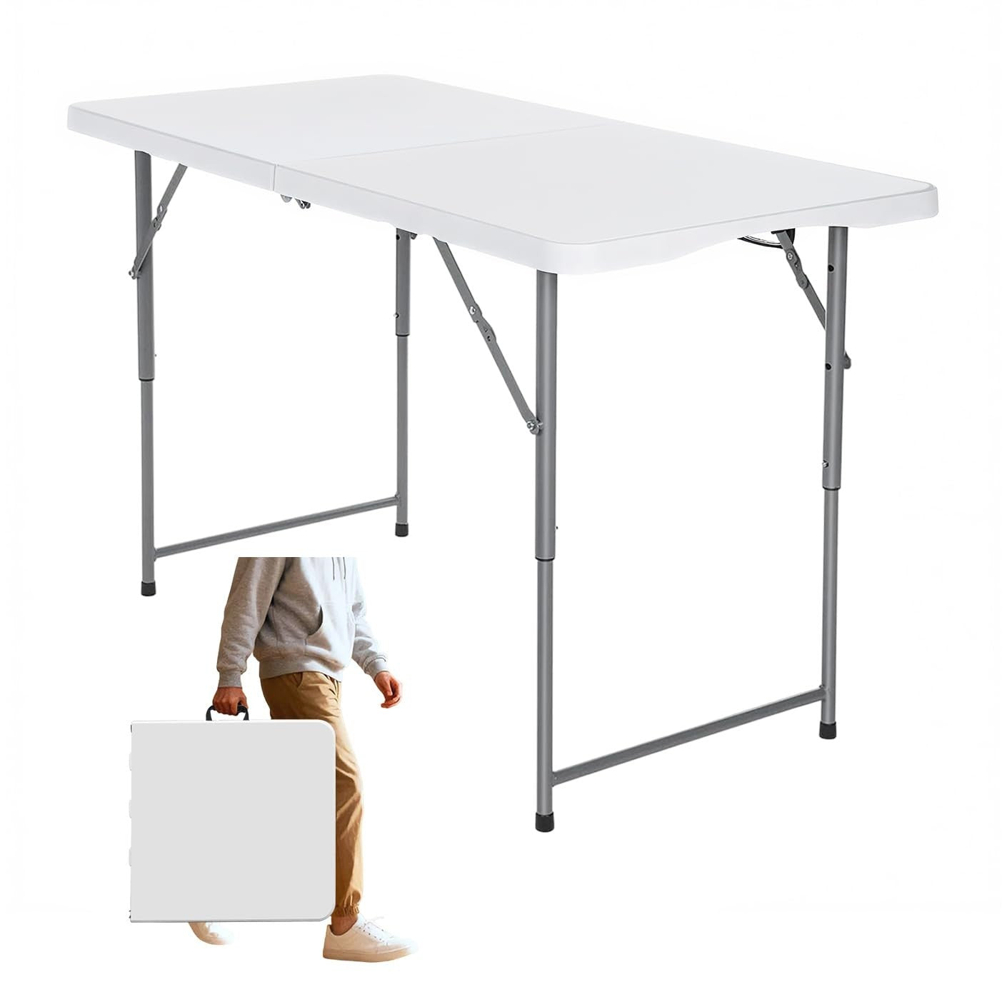 Portable 4ft Folding Table - Heavy Duty, Adjustable Height, Indoor/Outdoor Use,1
