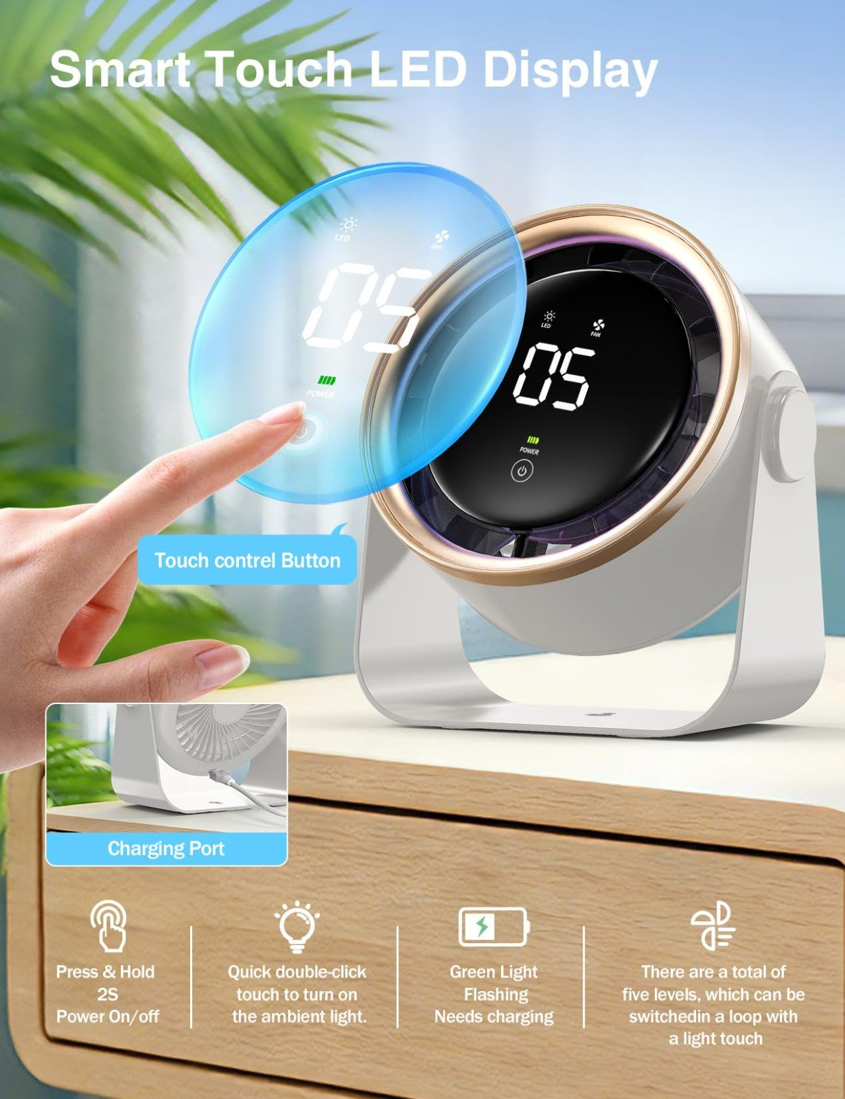Ultra Quiet Small Desk Fan, Touch Control, Multi Speed Air Circulator, USB Recha1