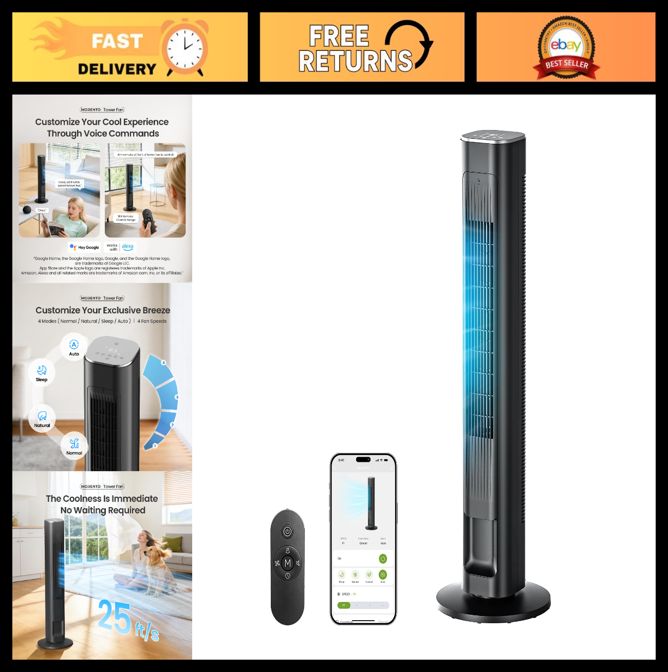 43" Smart Tower Fan   90° Oscillation, 12H Timer, 4 Modes, Quiet 28dB, Remote Co0