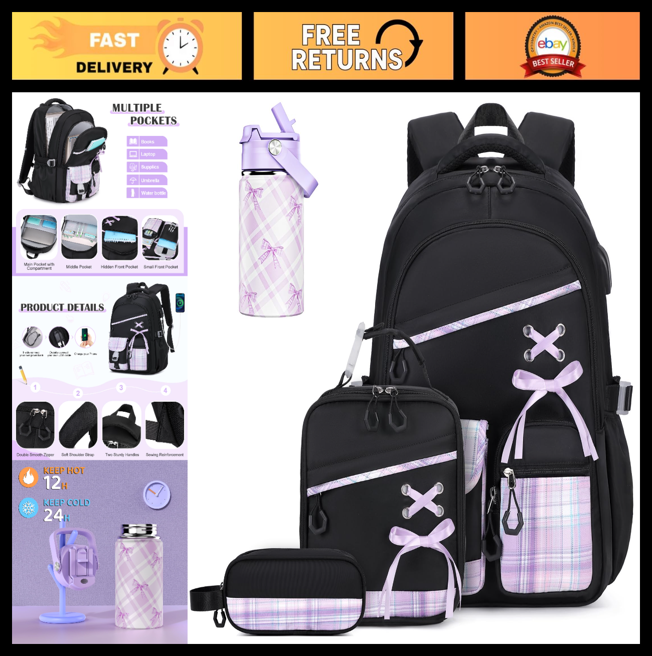Stylish Girls Backpack Set with Insulated Water Bottle, Lunch Bag & Pencil Pouch0