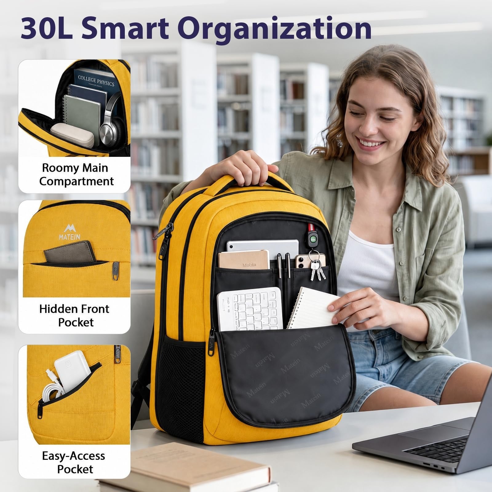 Water Resistant Yellow Backpack for Women, 17" Travel Carry On Bag, Stylish & Du5