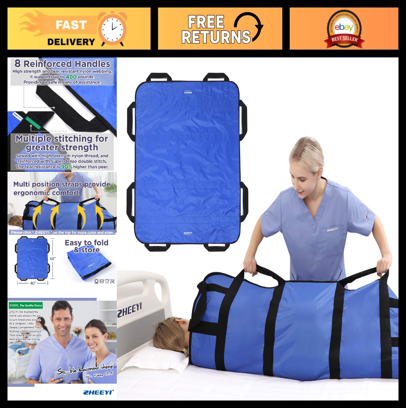 Multipurpose 48"x40" Bed Pad with Handles   Washable Transfer Sheet for Lifting0