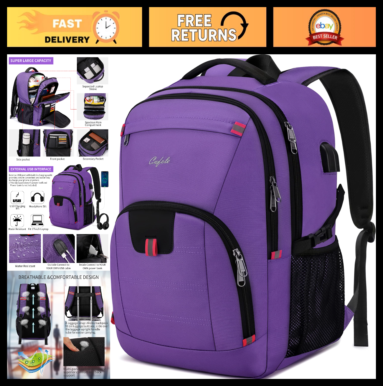 Extra Large 17.3" Travel Laptop Backpack, USB Charging, Water Resistant, School0