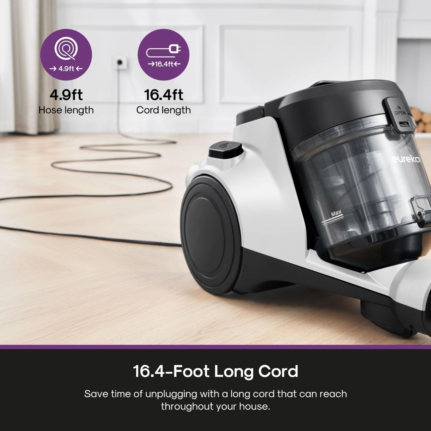 Lightweight Bagless Canister Vacuum Cleaner, 1200W, HEPA, Auto Cord Rewind, 2-in3