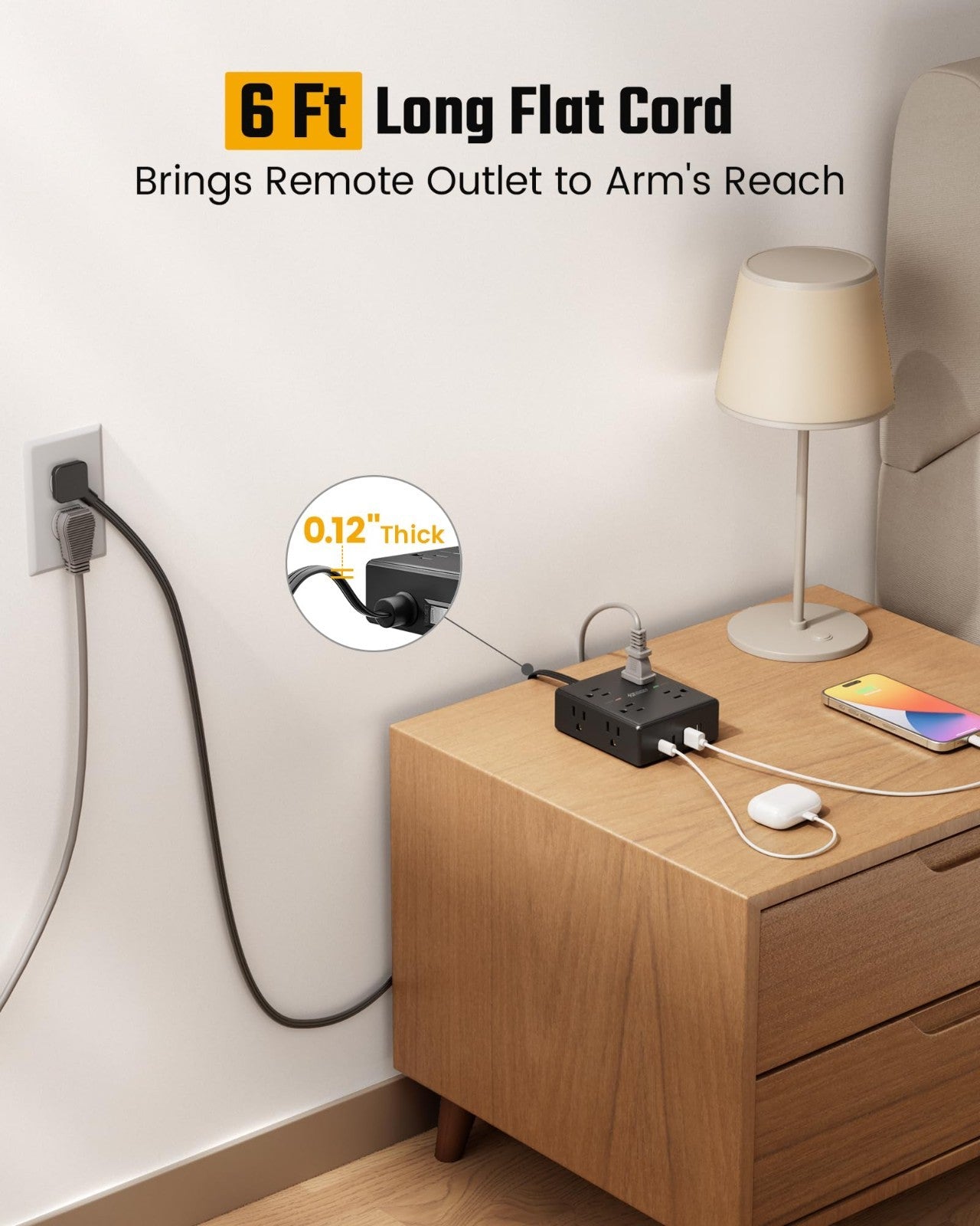 6Ft Flat Plug Surge Protector Power Strip, Heavy Duty Extension Cord, 3 Outlets2