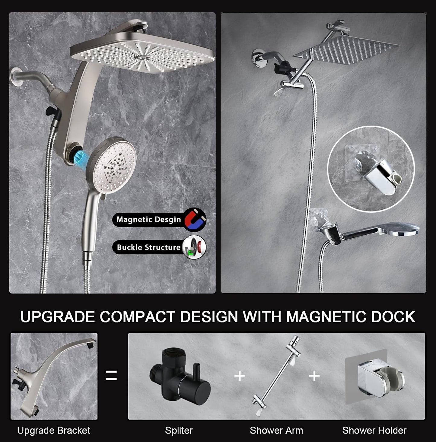 12" High Pressure Rain Shower Head & Handheld Combo, 9 Spray Settings, Magnetic5