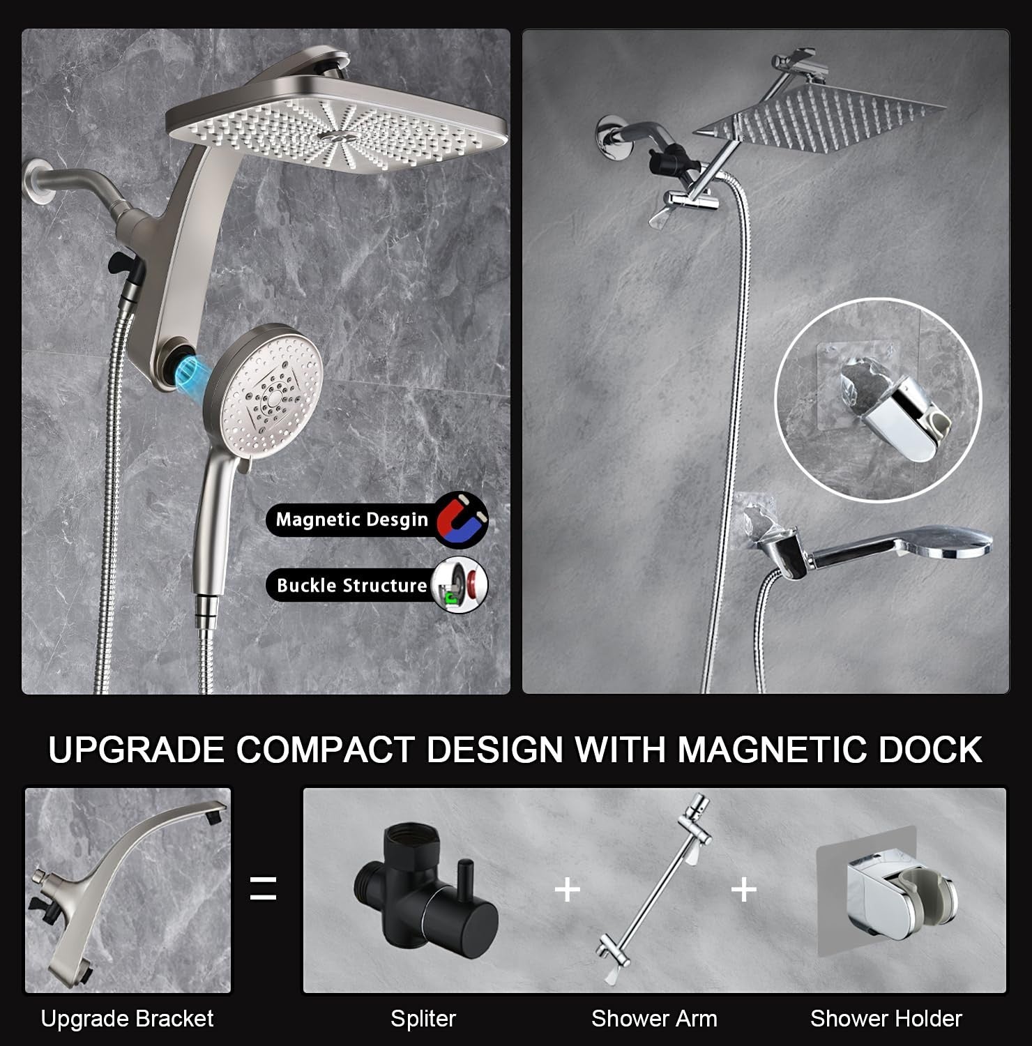 12" High Pressure Rain Shower Head & Handheld Combo, 9 Spray Settings, Magnetic5