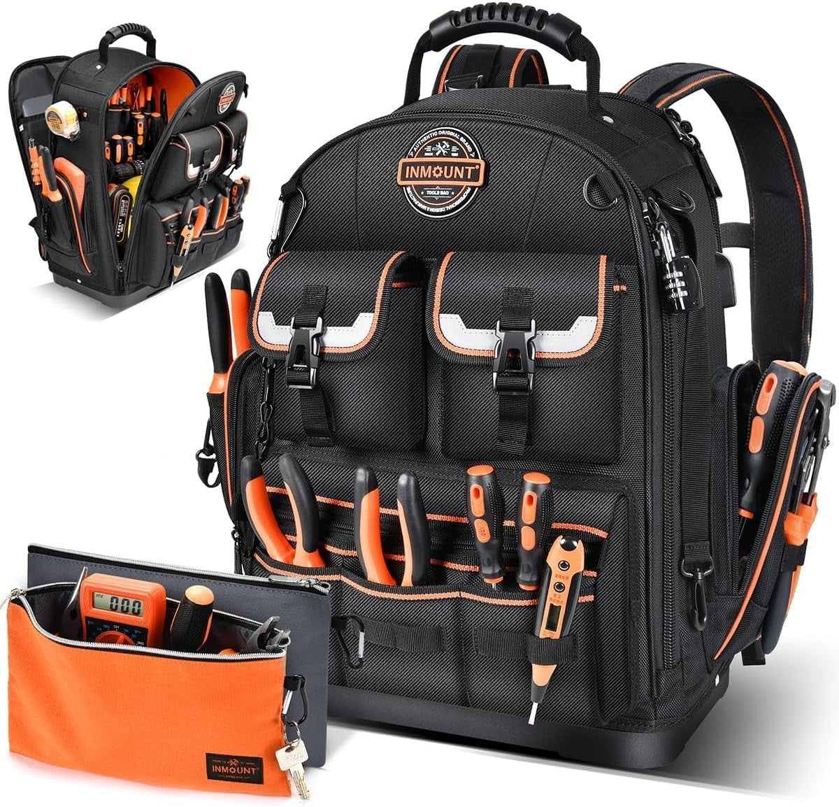Heavy Duty Tool Backpack with 2 Small Bags, Molded Base, Laptop Compartment, Wat1