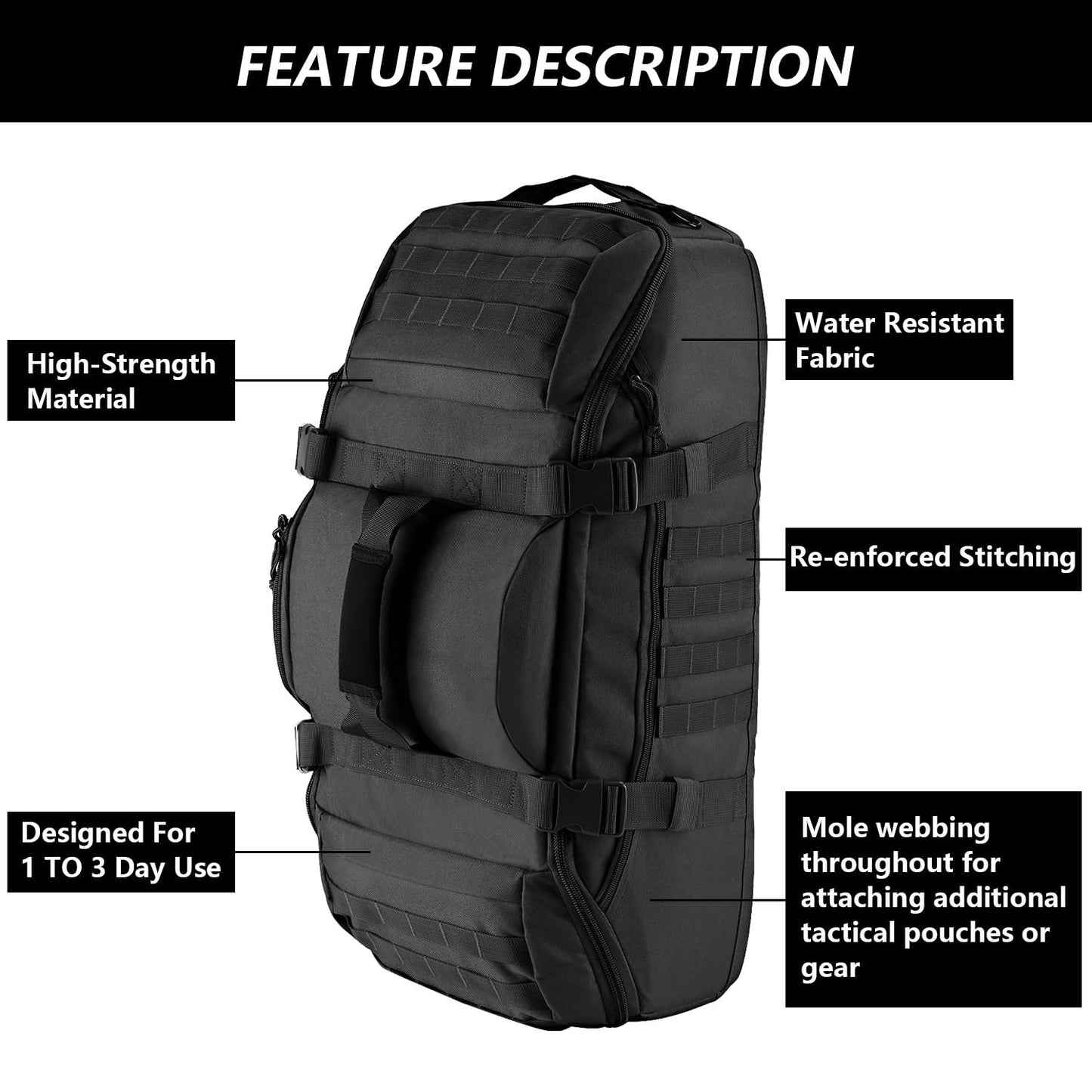Large 65L Tactical Duffle Bag, 3 in 1 MOLLE Backpack for Sports, Gym & Outdoor3