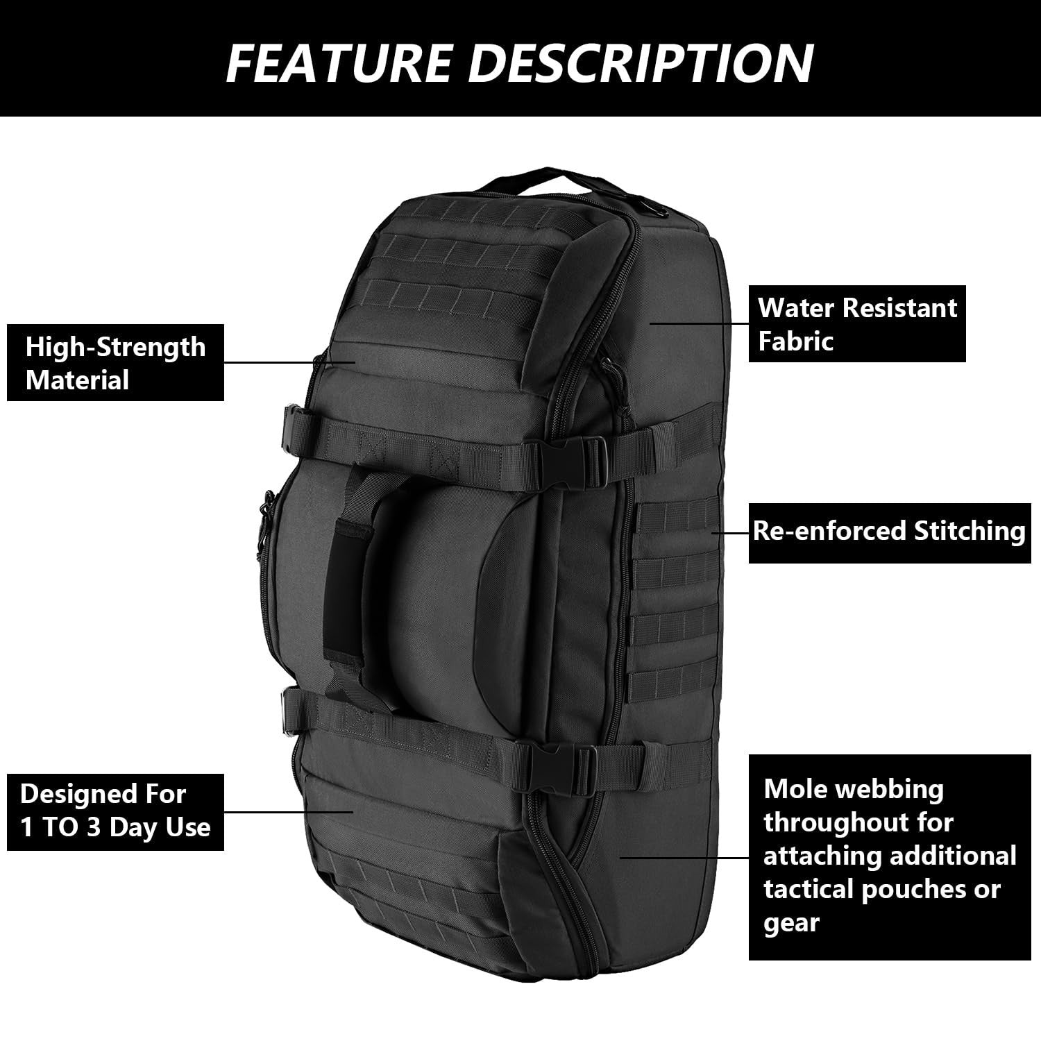 Large 65L Tactical Duffle Bag, 3 in 1 MOLLE Backpack for Sports, Gym & Outdoor3