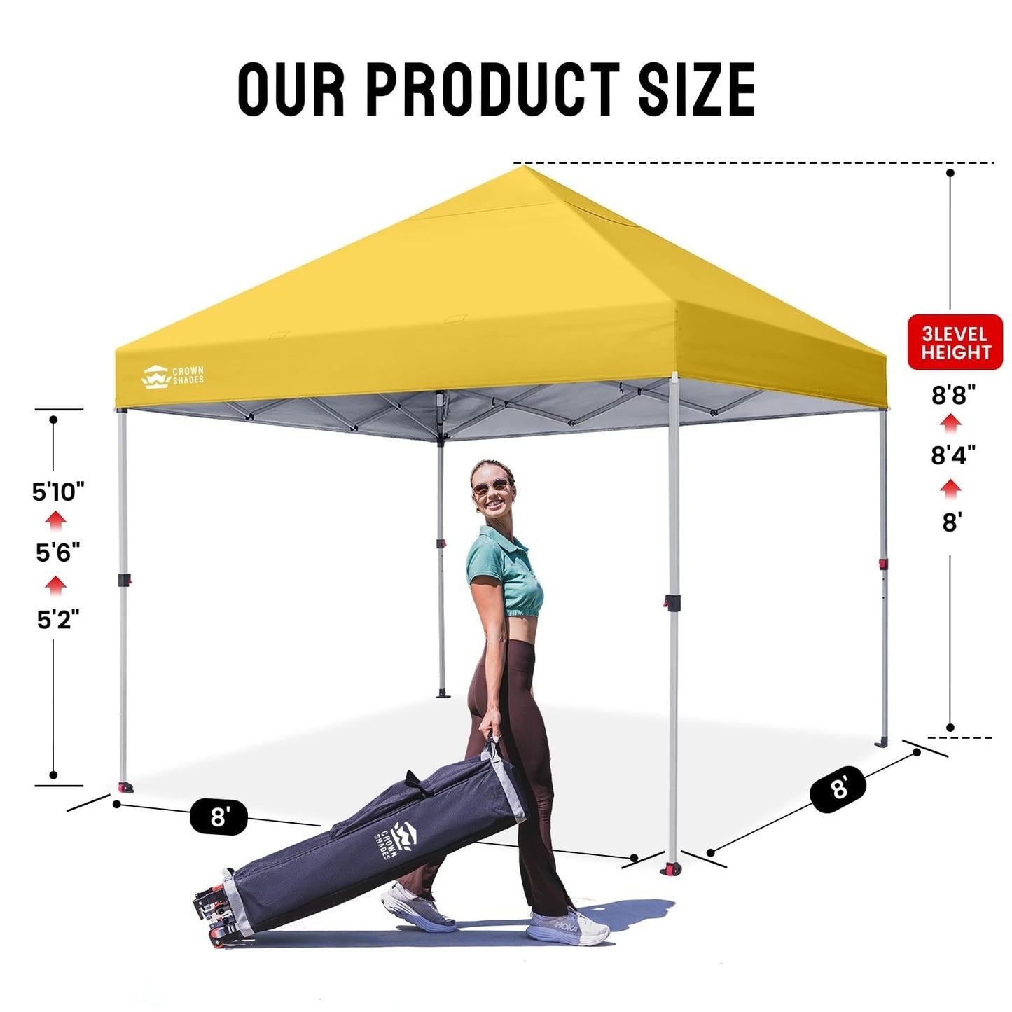 8x8 Pop Up Canopy Tent   One Push Setup, Yellow Sun Shade for Events, Camping, P2
