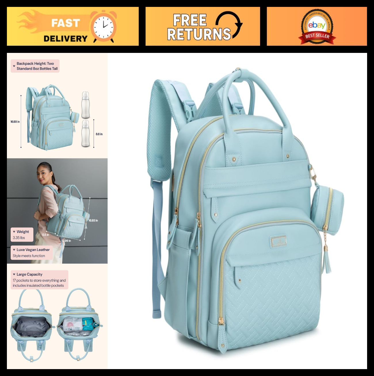 Multi Function Leather Diaper Bag Backpack   Water Resistant, Changing Pad, Stro0