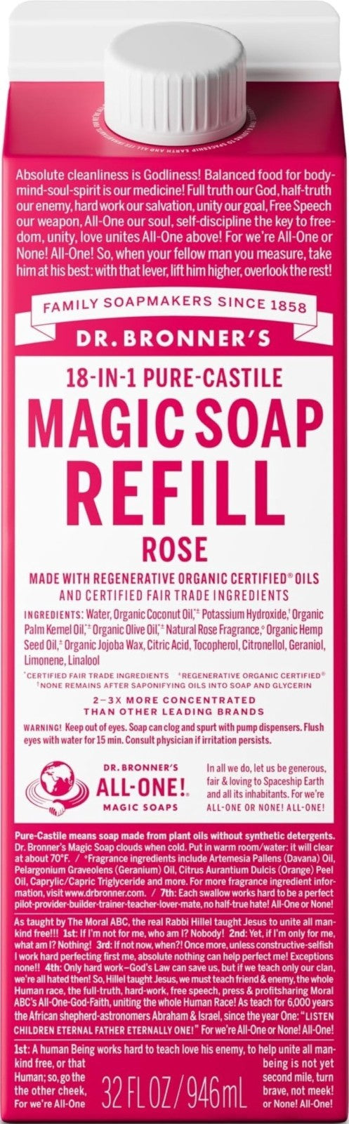 Pure Castile Liquid Soap Refill - Rose Scent, 32 oz - Organic, Vegan, Multi-Use1