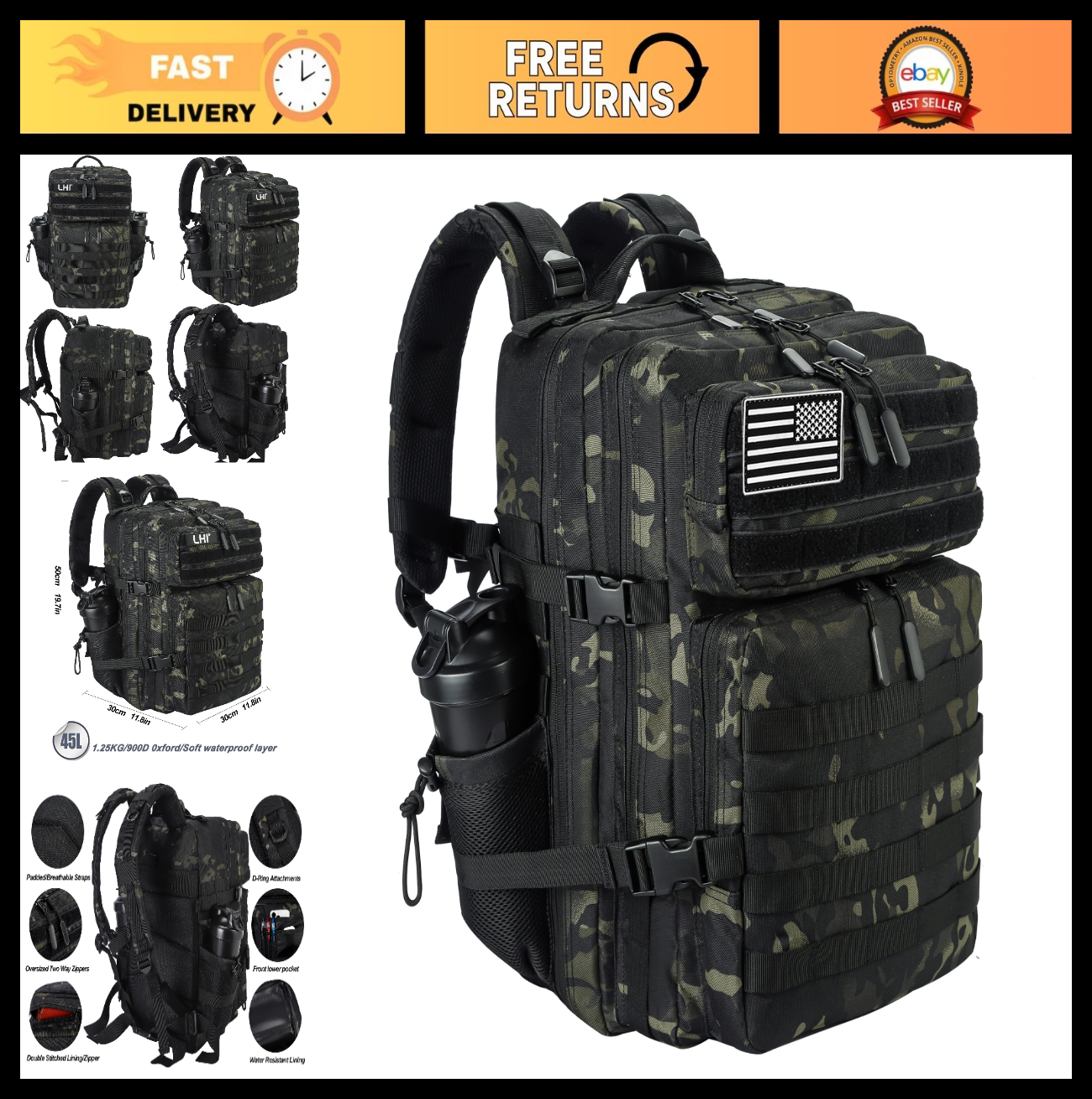 45L Military Tactical Backpack   Army Assault Pack, Molle Rucksack, Olive Green0