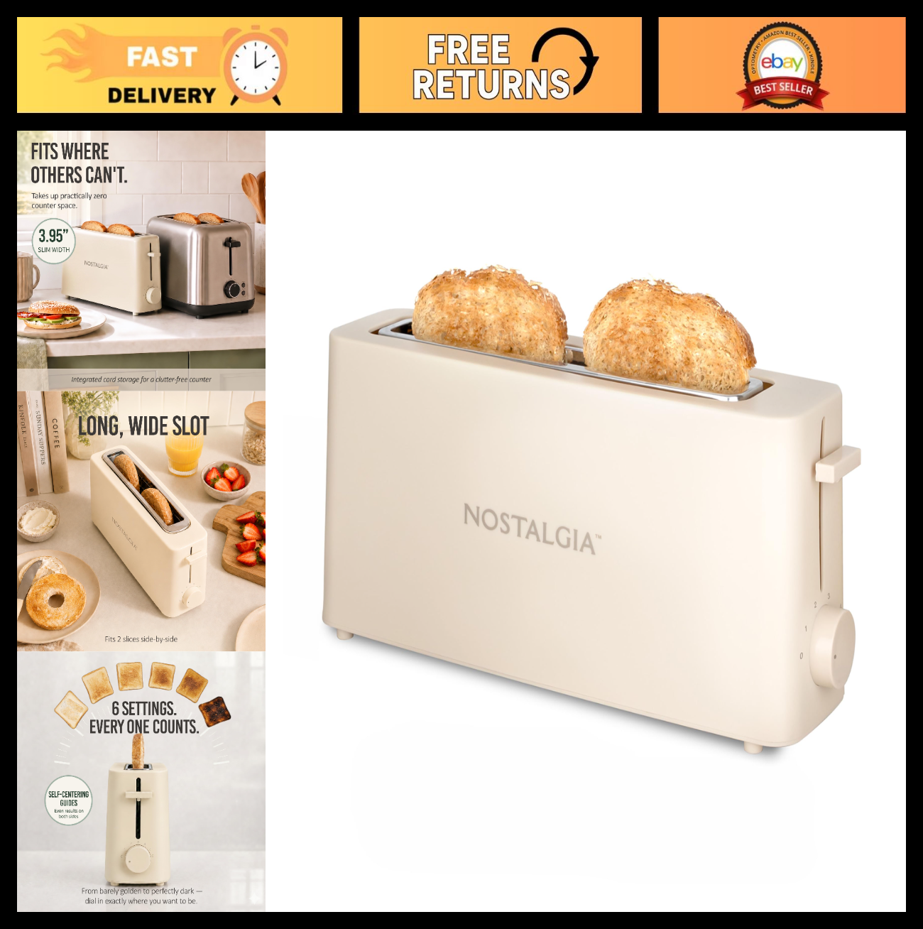 Slim 2 Slice Toaster with Wide Slot – Adjustable Browning Dial & Drop down Crumb0