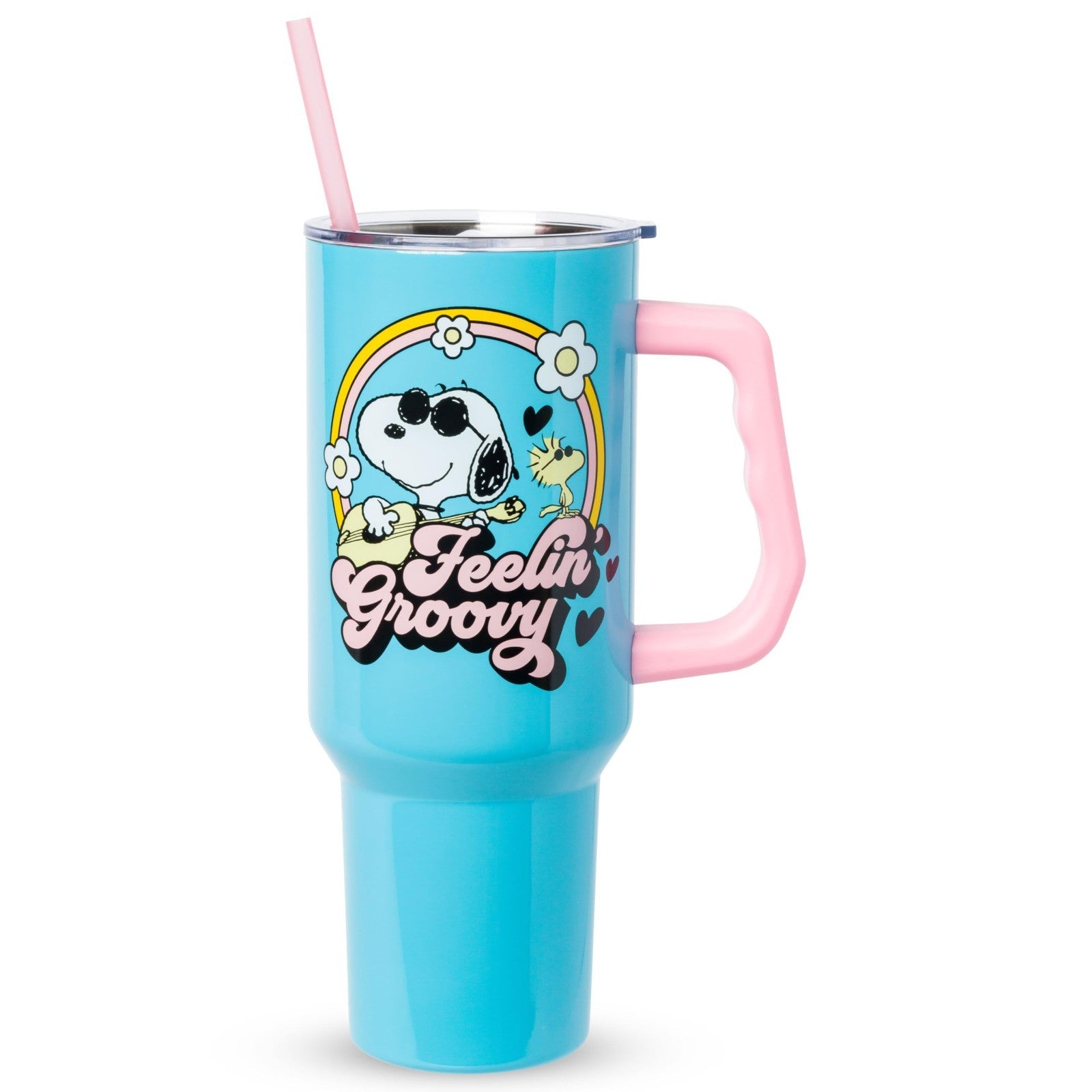 40oz Double Walled Stainless Steel Tumbler with Handle & Straw   Snoopy & Woodst1