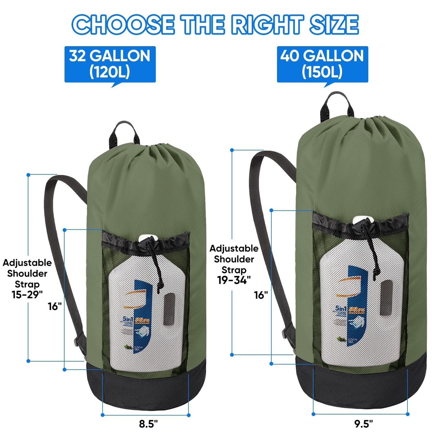 120L Large Laundry Backpack Bag - Durable 900D Oxford Fabric, Mesh Pockets, Trav2