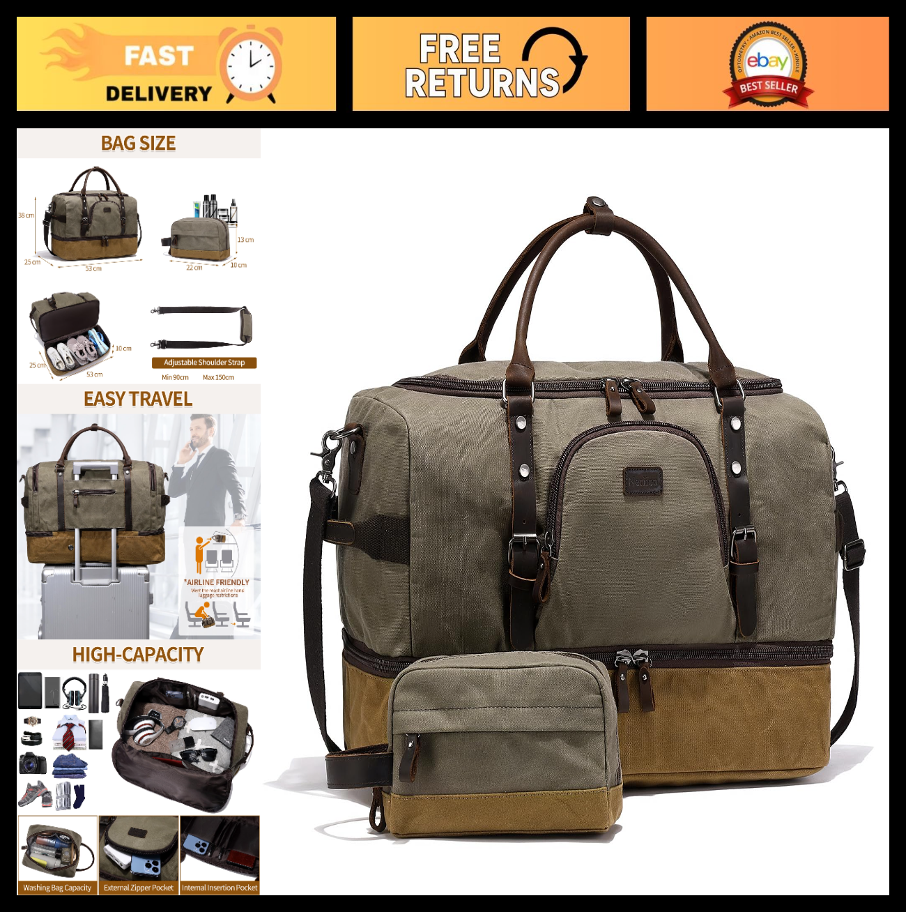 Large Green Weekender Duffel Bag with Shoe Compartment & Leather Accents0