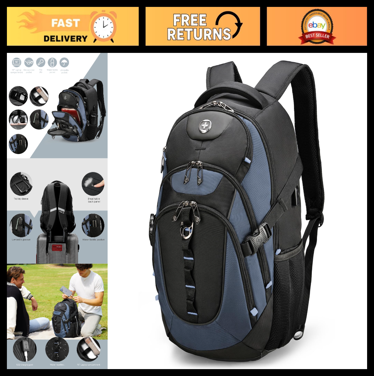 Stylish Travel Laptop Backpack with USB Charging, Fits 15.6" Computer, 31L, Haze0