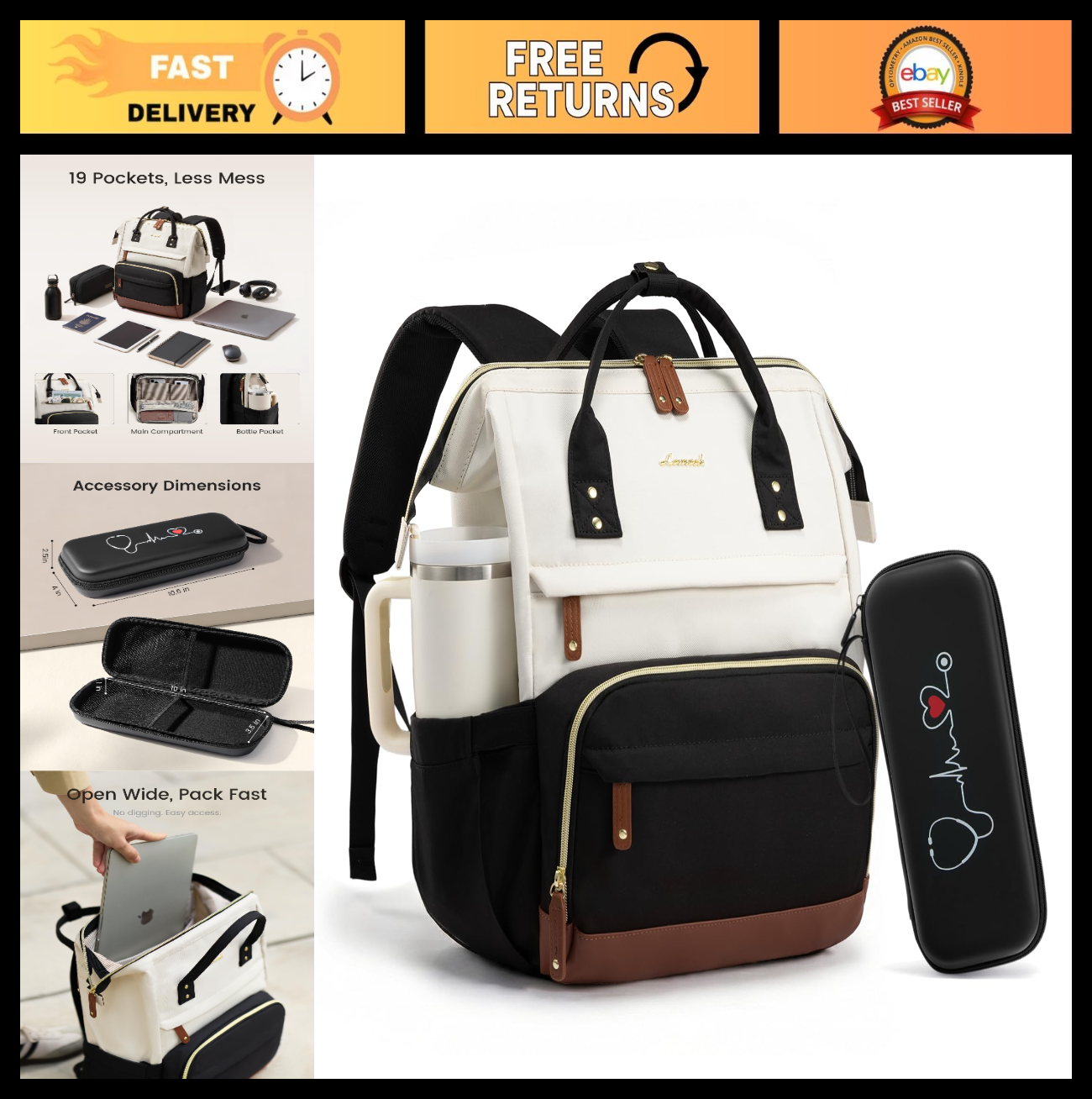 Nurse Backpack with Stethoscope Case, Wide Open Design, 15.6" Laptop Compartment0
