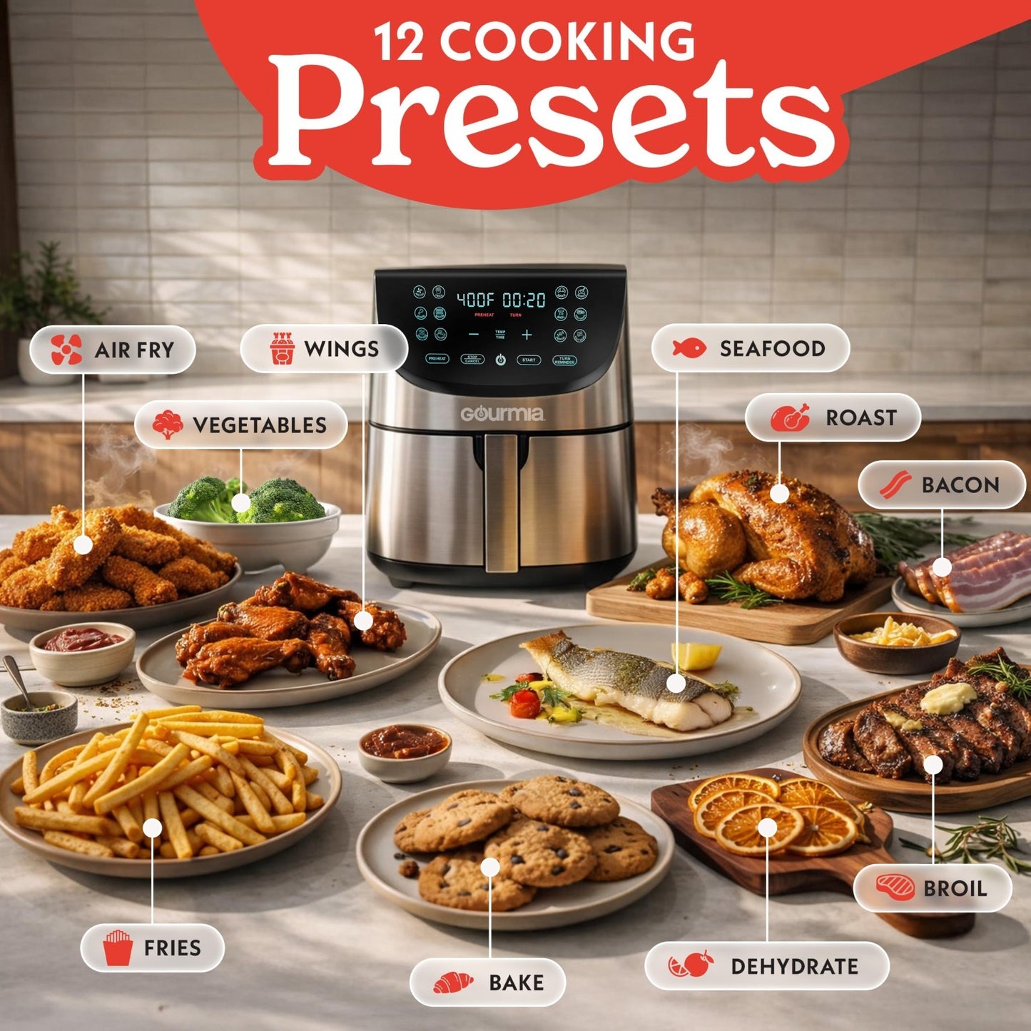 Extra Large 8 Qt Air Fryer, Digital Display, 12 Cooking Presets, Stainless Steel3