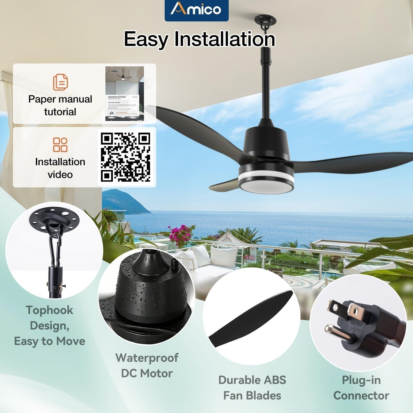 42" Outdoor Ceiling Fan with Lights, Waterproof Gazebo Fan, Remote Control, 6 Sp3