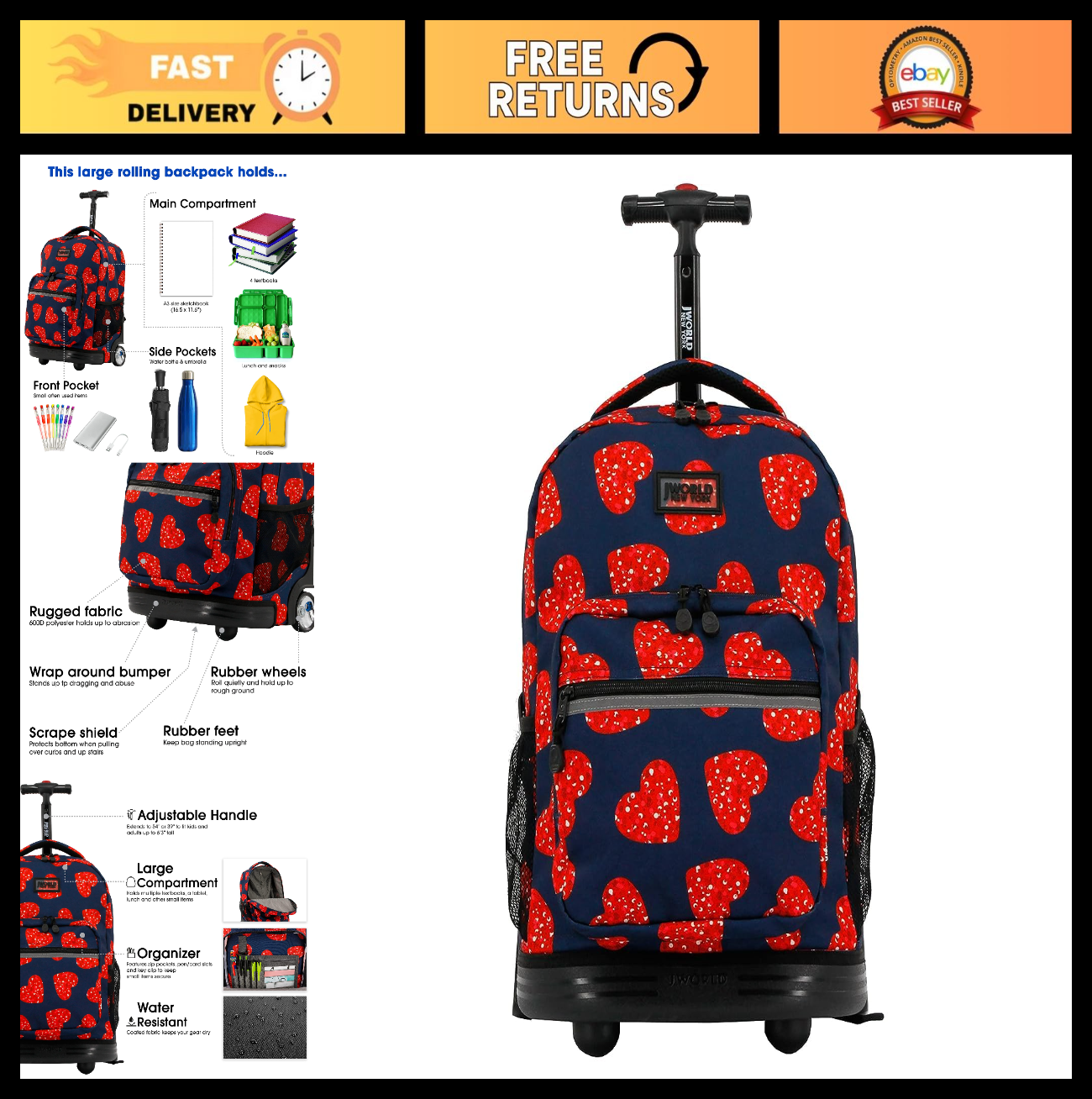 Kids Rolling Backpack with Wheels, 18" Bookbag for School, Girls & Boys, Love Sp0