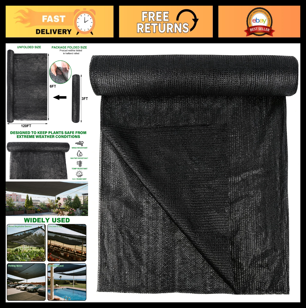 120x6 FT Outdoor Shade Cloth - 90% Black Mesh Tarp, UV Resistant Fabric for Gard0