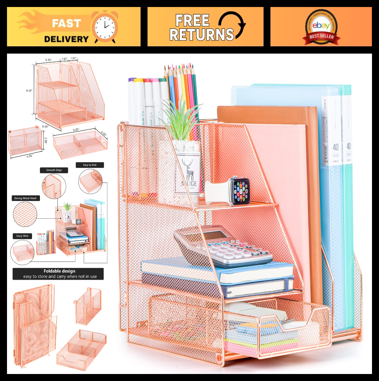 Rose Gold Desk Organizer Caddy with Sliding Drawer, Double Tray & Pen Holder   O0