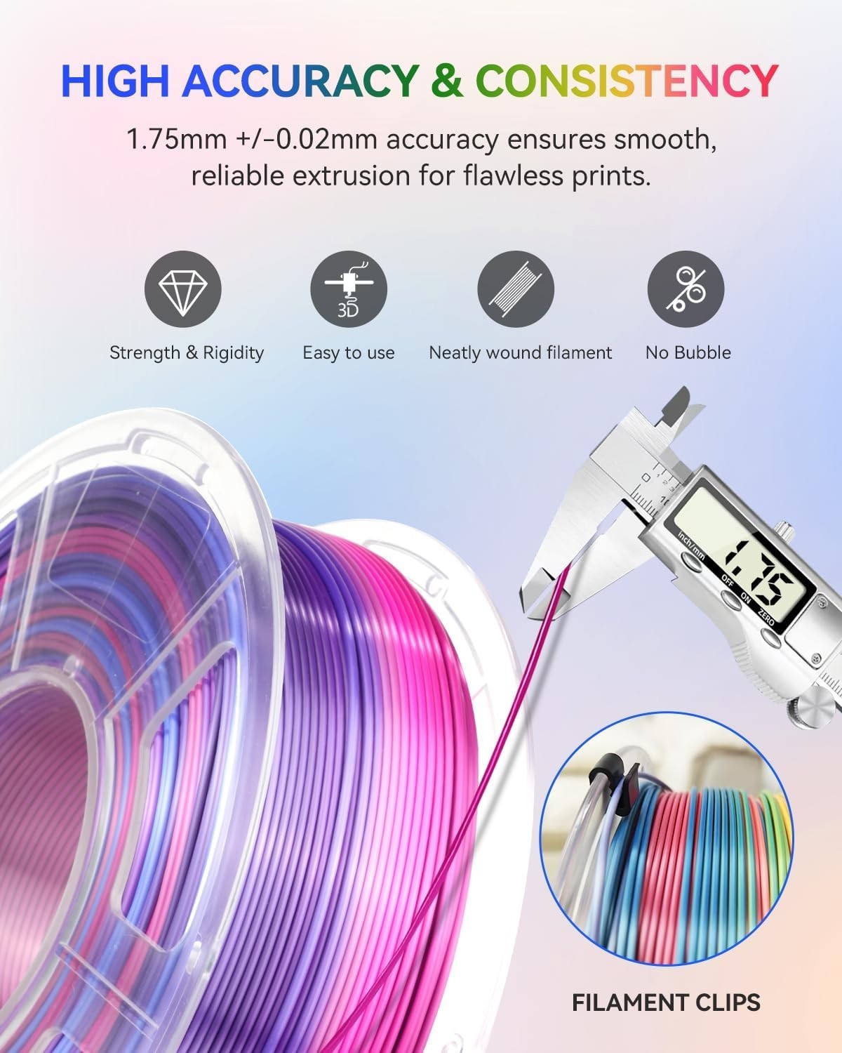 Silk Rainbow PLA+ 3D Printer Filament 1.75mm, 1.1kg, Color Changing, Gloss Finis5