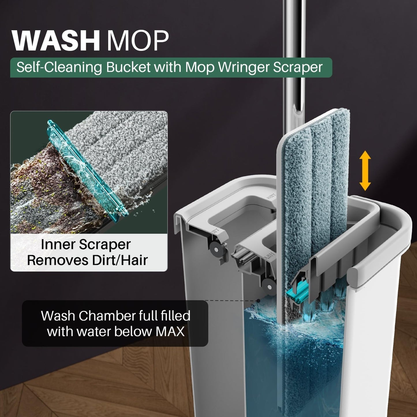 Flat Mop and Bucket Set - Microfiber Cleaning System, Hands-Free, 8 Washable Pad2