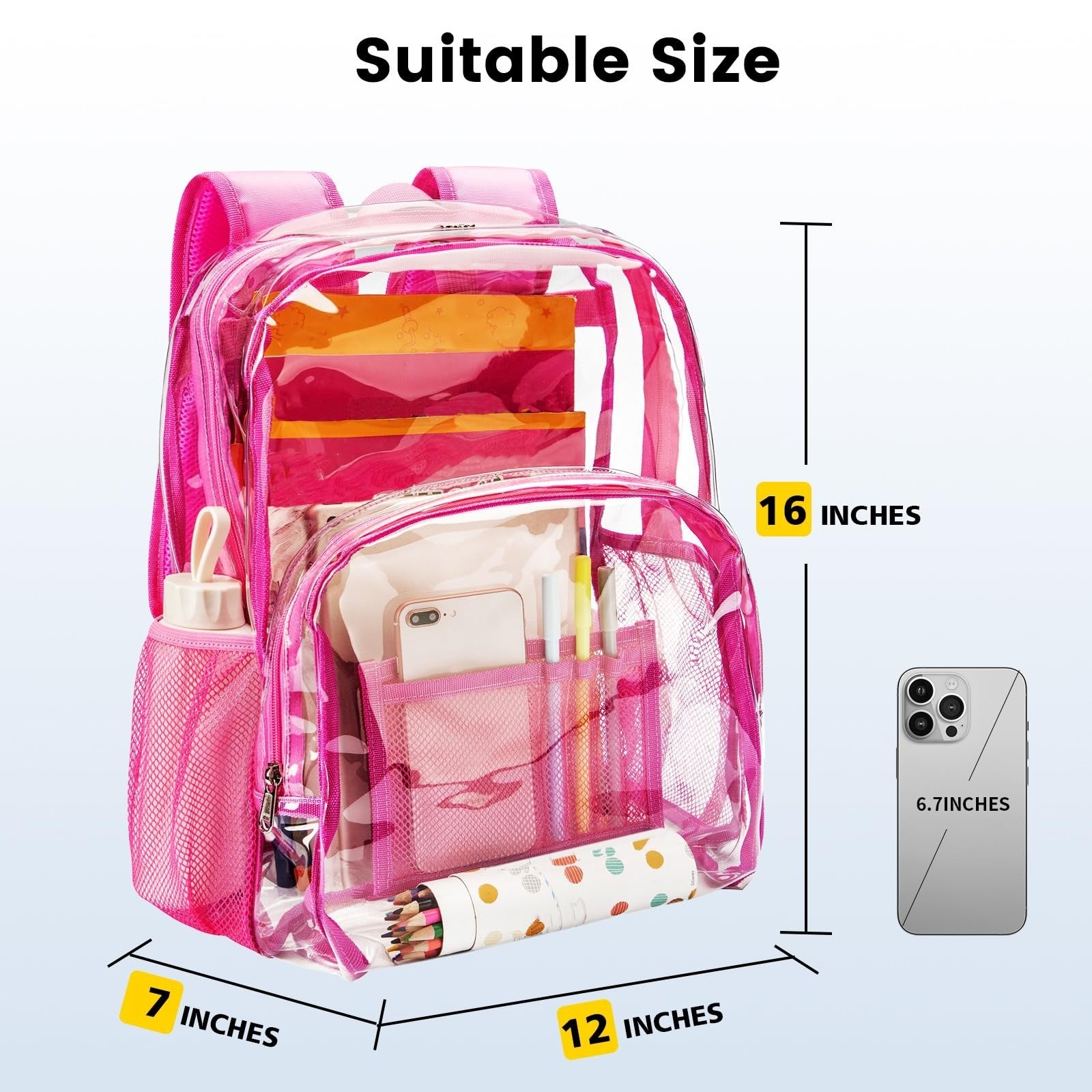 Clear PVC Backpack Heavy Duty Transparent Bag with Reinforced Straps - Pink, Lar3