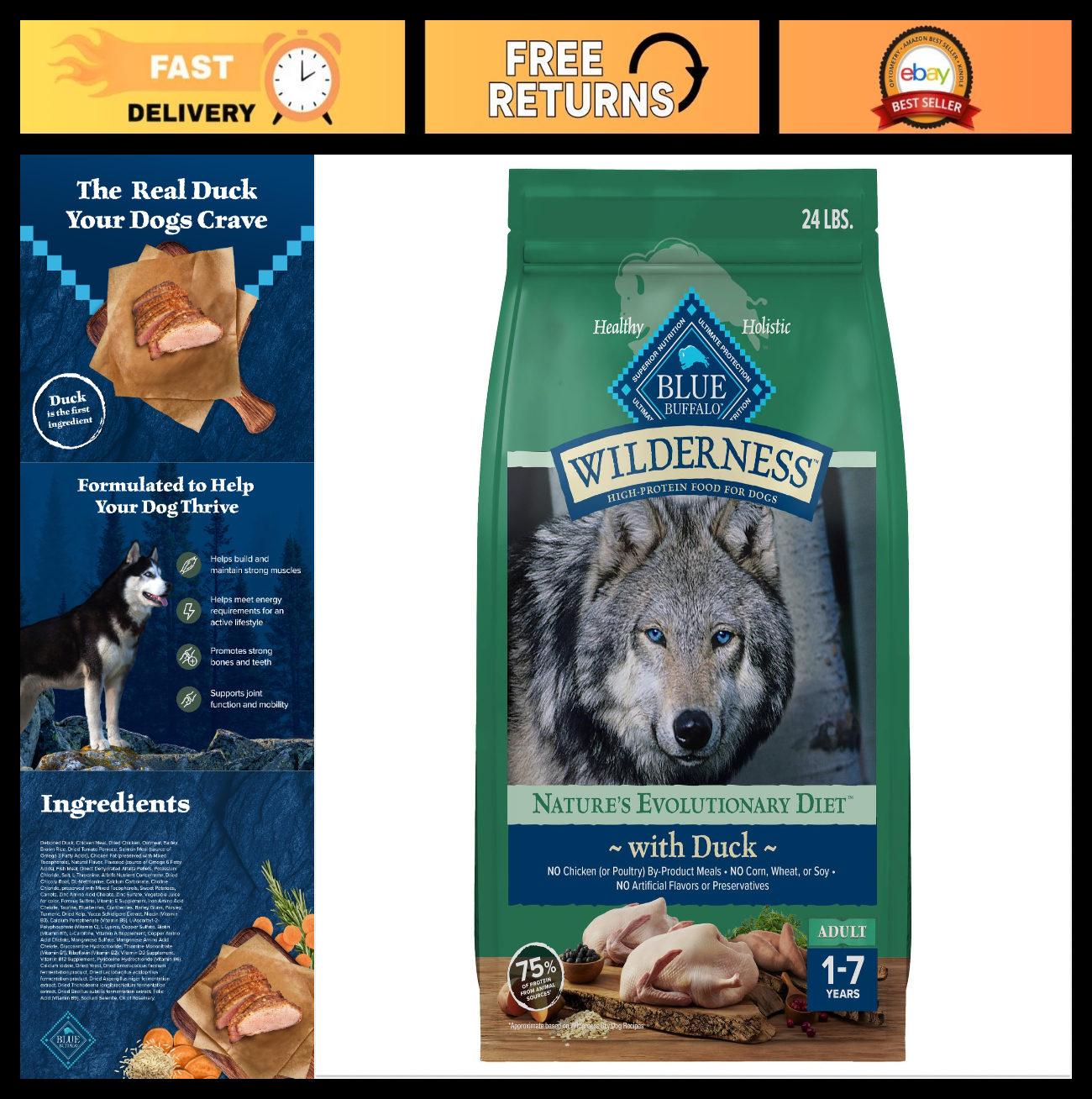 Grain Free Duck & Wholesome Grains Adult Dry Dog Food, 24 lb   High Protein, Nat0