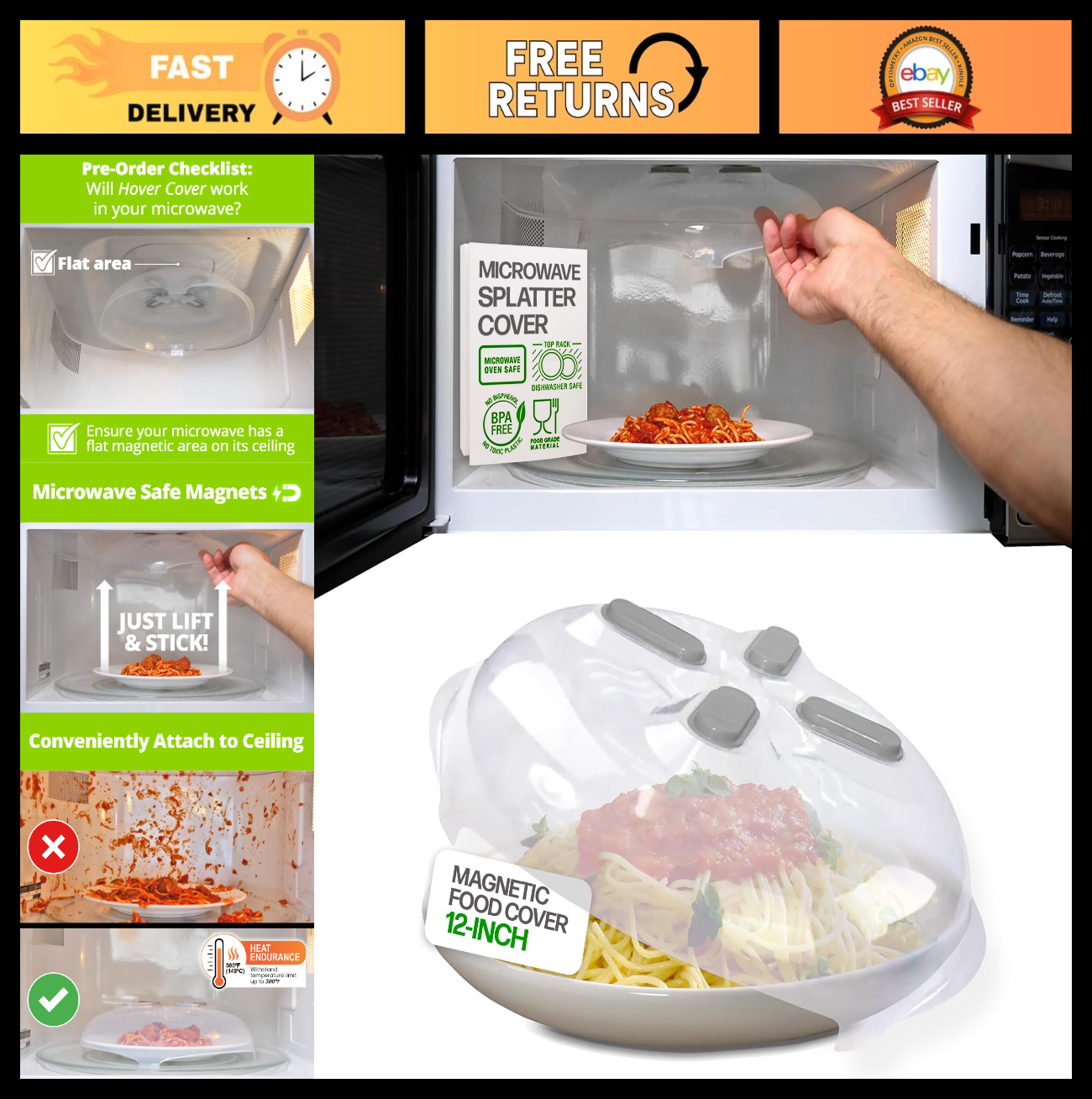 Magnetic Microwave Splatter Cover   12" BPA Free, Vented Lid, Anti Splash, Dishw0