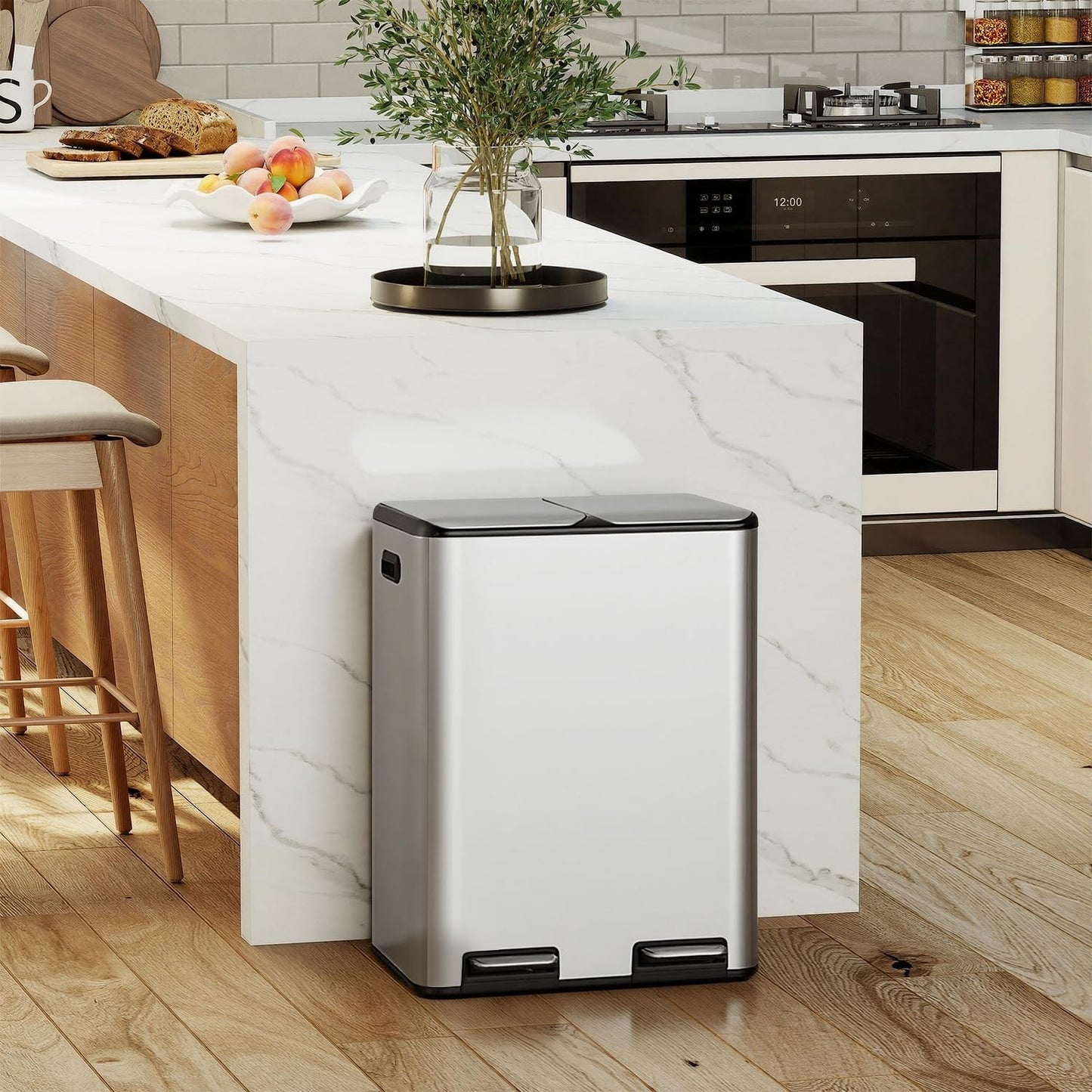 16 Gallon Stainless Steel Step Trash Can with Inner Buckets & Hinged Lids - Kitc2