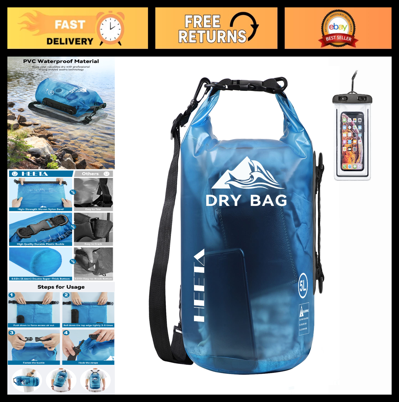 Waterproof Dry Bag Backpack for Travel, Kayaking, Boating, Camping - 5L/10L/20L/0