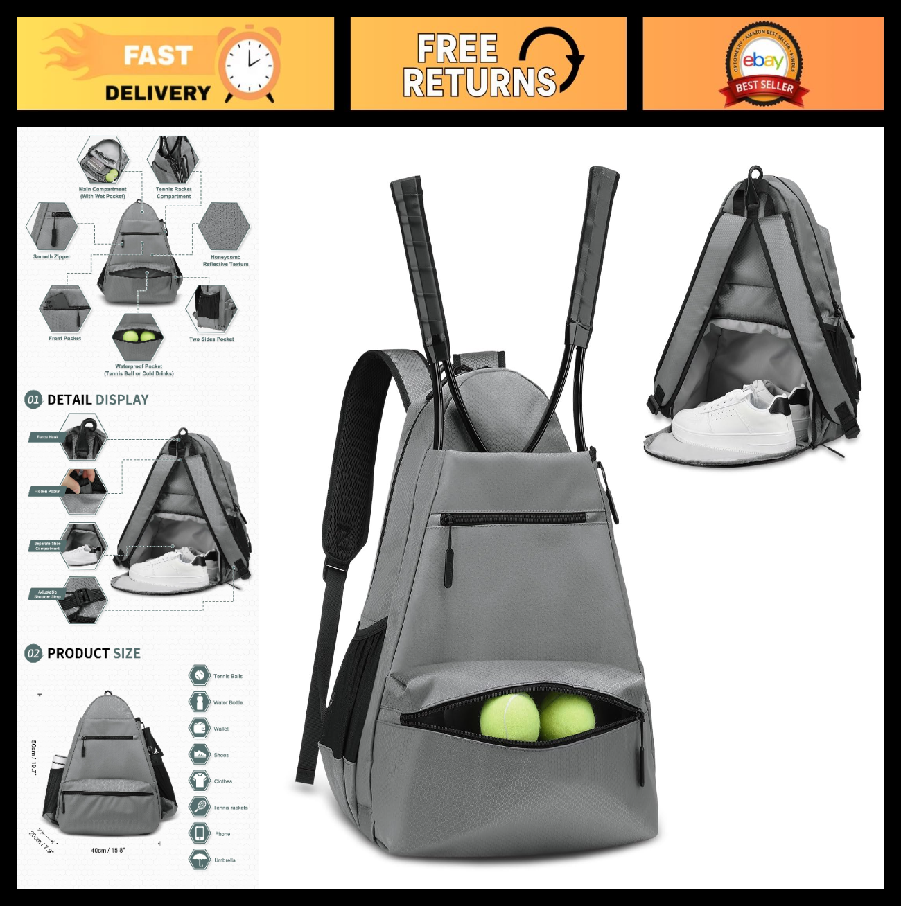 Optimized eBay Title:  Waterproof Tennis Backpack with Shoe Compartment, Wet/Dr0