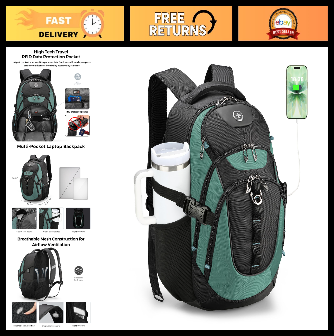 Stylish Laptop Backpack with USB Charging Port, Fits 15.6" Computer, 31L Travel0