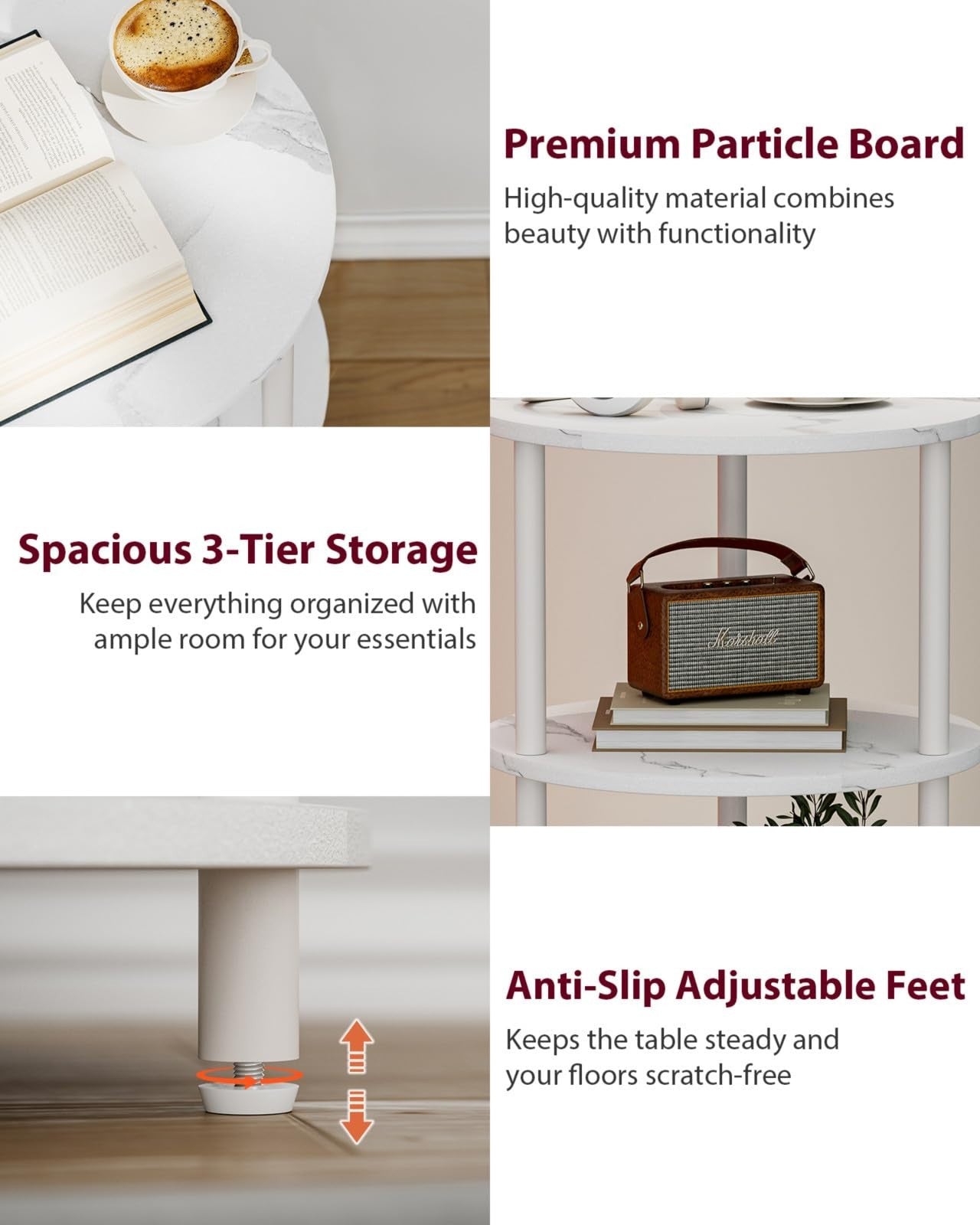 Set of 2 Small Round End Tables - 3 Tier Accent Nightstands for Bedroom, Living4