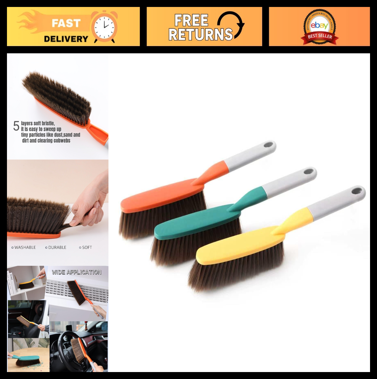 15" Soft Bristle Hand Broom Brush Set - 3 Pack for Hair, Dust & Debris Cleanup0