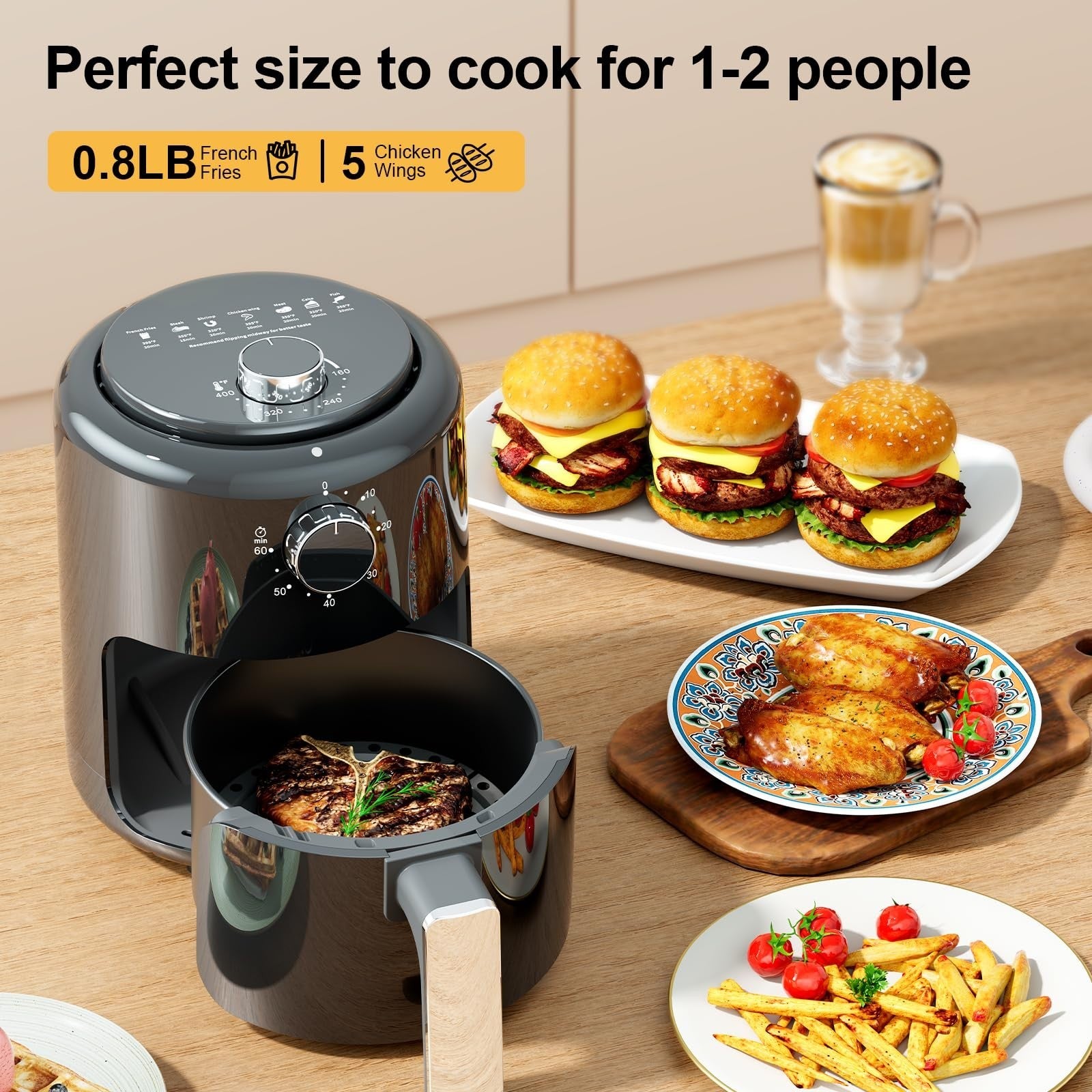Compact 2QT Air Fryer - 4-in-1 Mini Cooker, Bake, Roast, Reheat, 98% Less Oil, T3