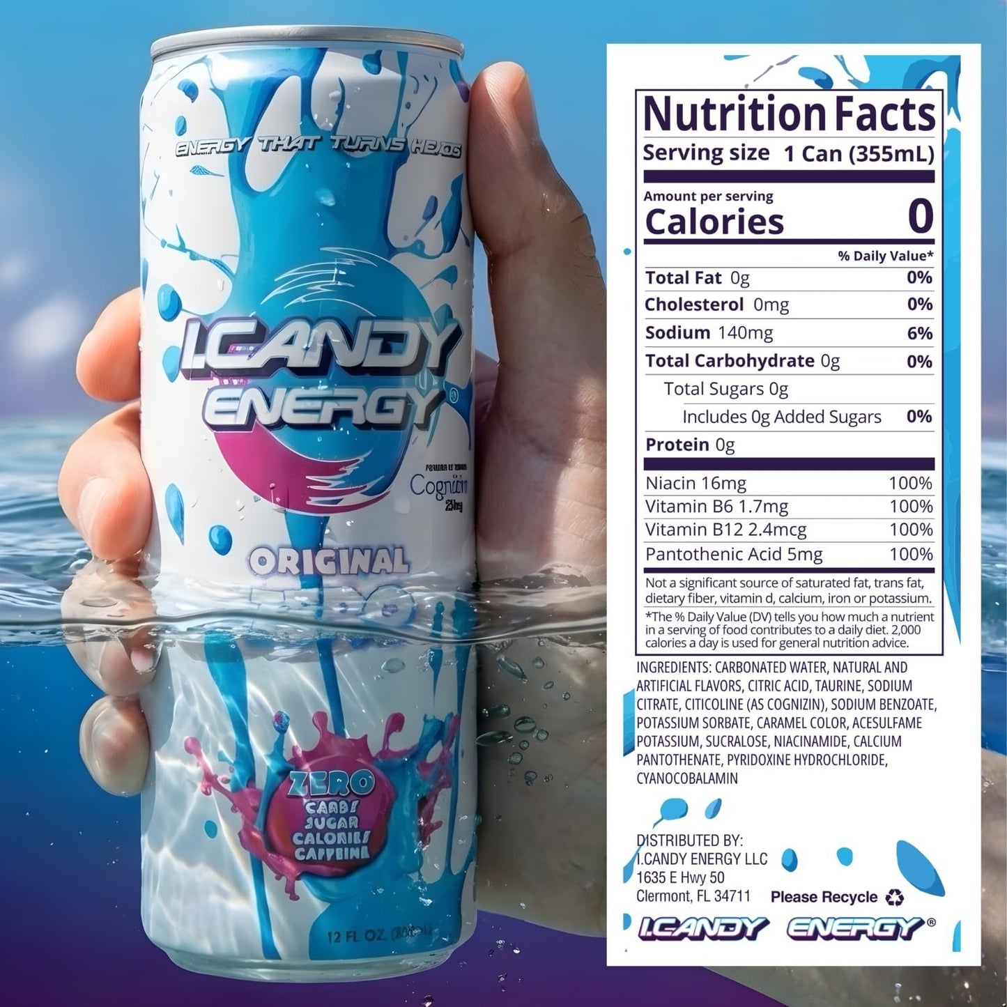 Caffeine-Free Sugar-Free Energy Drink 24 Pack, Zero Calorie, Mental Focus, 250mg2