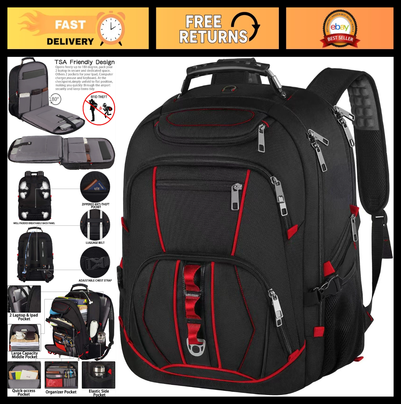 Extra Large Travel Laptop Backpack 18.4"   TSA Friendly, RFID Anti Theft, Heavy0