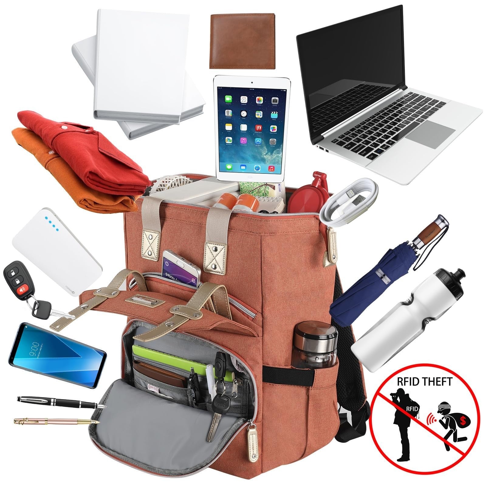 Waterproof 15.6" Laptop Backpack for Women, Large School Bag, RFID Anti Theft Or2