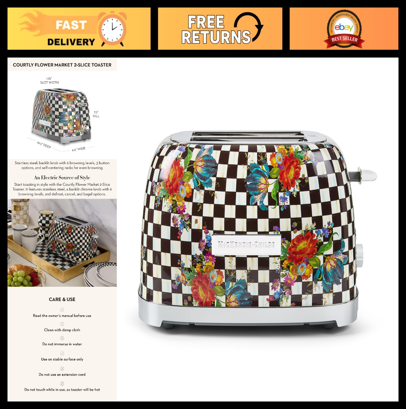 Decorative 2-Slice Toaster for Kitchen - Black & White Floral Design, Stylish Ap0