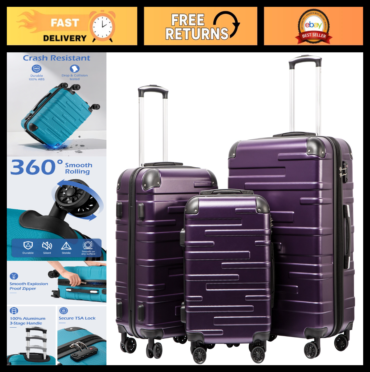 3-Piece Hardside Luggage Set - ABS, Scratch-Resistant, TSA Lock, 360° Spinner Wh0
