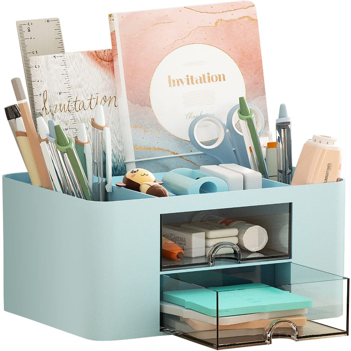 Multi Functional Desk Organizer with 2 Drawers, 5 Compartments, Pencil Holder, B1